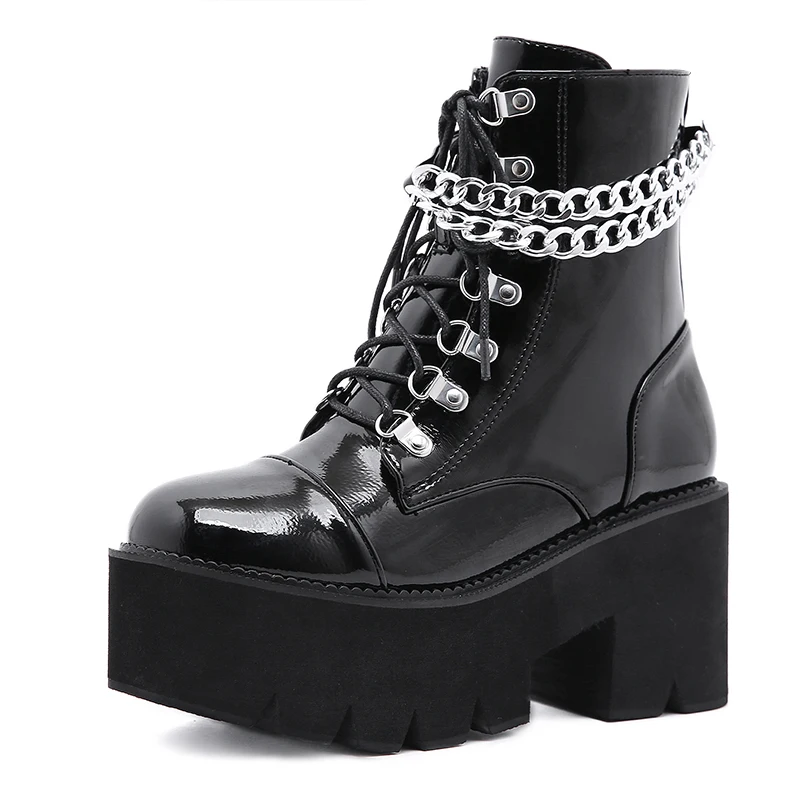 

Женские ботинки, черные, в стиле панк, из лакированной кожи, в готическом стиле, на массивном каблуке, с цепочкой, на платформе, женские ботил...