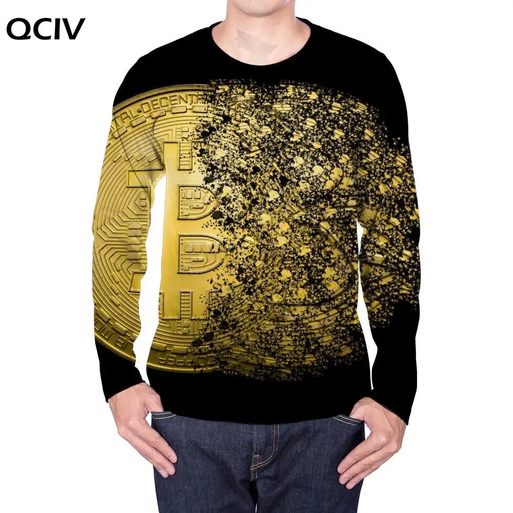 

QCIV Brand Bitcoin Long sleeve T shirt Men Money Funny T shirts Graphics long sleeve shirt Art 3d Printed Tshirt Mens Clothing