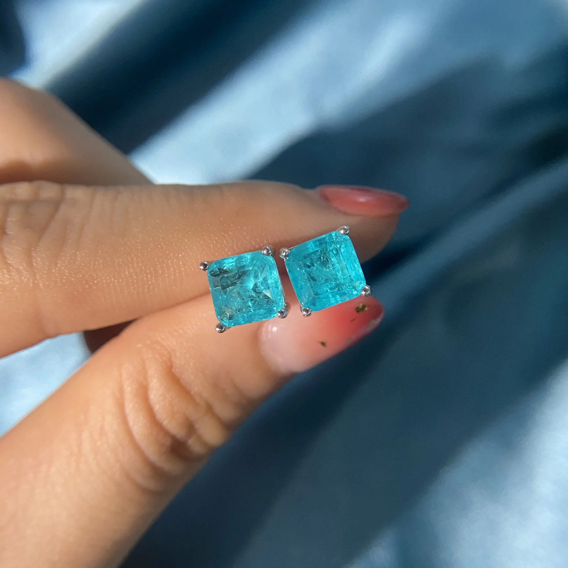 

RUZZALLATI Classic Luxury Silver Color 7.5*7.5mm Square Shape Brazilian Paraiba Tourmaline Stud Earrings for Women Party Jewelry