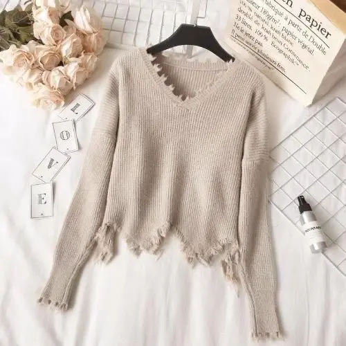 

New 2021 Net Red V -neck Retro Loose Lazy Style Sweater Small Foreign Style Versatile Sweater Winter Sweater Female