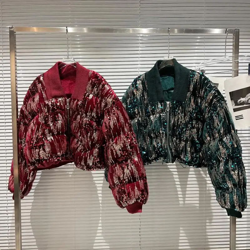 

Streetwear Winter Women Wadded Jacket 2021 New Fashion Gradient Sequins Zipper Long Sleeve Lady Velvet Cotton-padded Coat