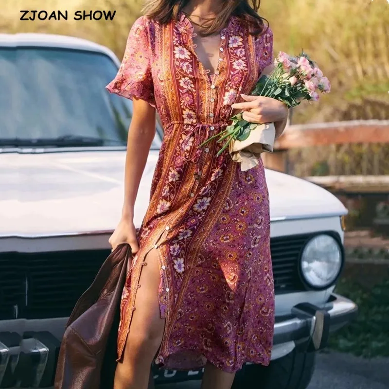 Богемное однобортное платье 2020 с круглым вырезом и цветочным принтом на