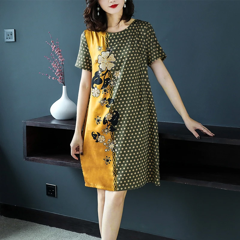 Женское платье миди из шелка тутового шелкопряда желтое свободное в горошек с