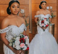 2020 plus size luxurious crystals african wedding dresses mermaid sexy off the shoulder tiered bridal gowns hot sale mariage