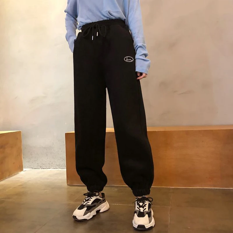 

black Jogging Sports Pants Women Autumn Winter 2021 Plus fleece Joggers Sweatpants Baggy Wide Leg gray Loose Trousers