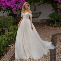 exquisite off the shoulder strapless sleeveless wedding dresses a line floor length lace tulle applique brush train bridal gowns