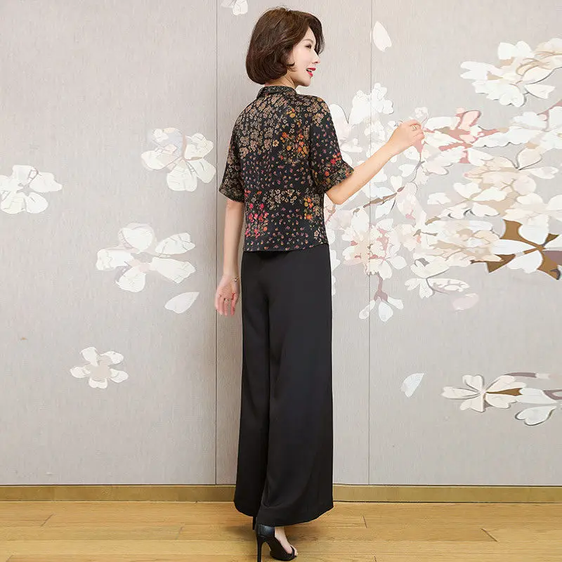 

Silk Suit Women's Gambiered Canton Gauze Shirt Top Short Women's Wide Leg Pants 2021 Summer New Large Mother's Wear