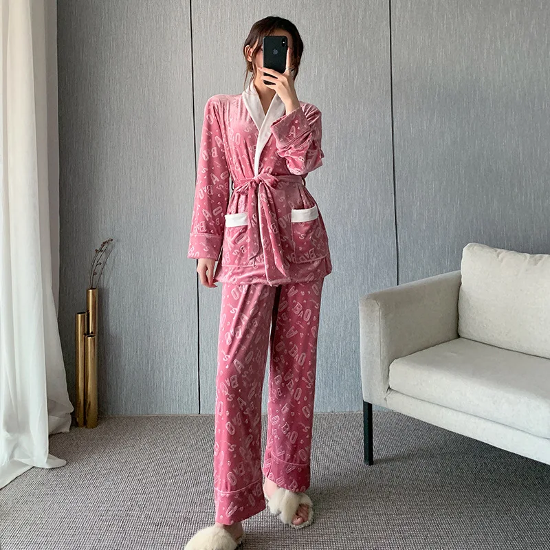 

Casual Women Velour 2PCS Pajamas Suit Letter Shirt&Pants Soft Sleepwear Kimono Gown Velvet Home Clothes Intimate Lingerie