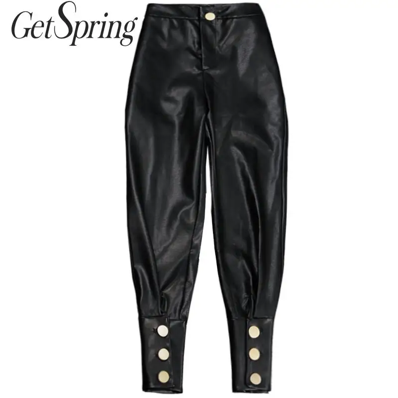 Женские штаны шаровары GETSPRING черные брюки из искусственной кожи с высокой талией
