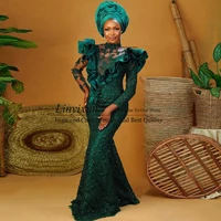 hunter green aso ebi style prom dresses long sleeves african mermaid evening dresses ruffled lace elegant nigerian formal gowns