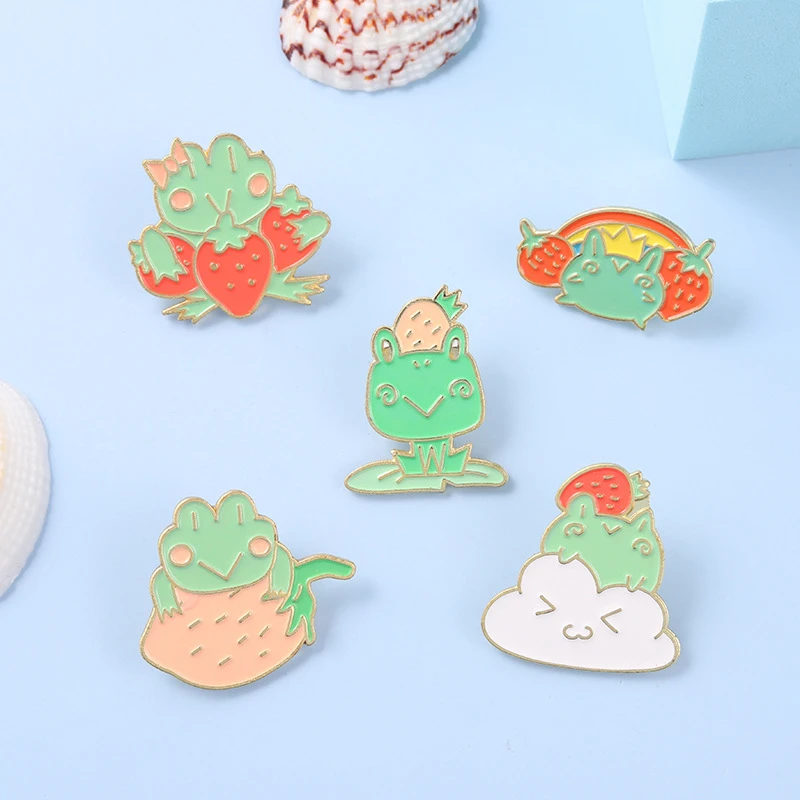 

Quack Enamel Pin Custom Frog strawberry Lotus Leaf Brooches Bag Lapel Pin Cartoon Animal Badge Jewelry Gift for Kids Friends