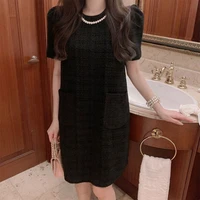 2022 spring new kpop ins women all match elegent short sleeve dresses fashion o neck beading casual female chic party vestidos