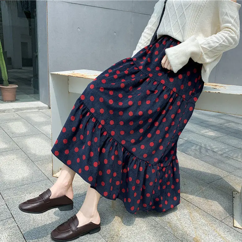 

Women 2021 Autumn Winter Vintage Polka Dot Print Pleated Falda Female Corduroy Casual Loose Skirts Lady Elastic Waist Skirt A326