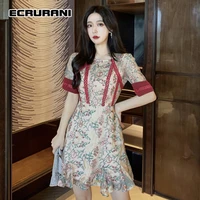 ecrurani vintage dress for women o neck short sleeve print floral hit color high waist dresses female summer clothing 2021 style