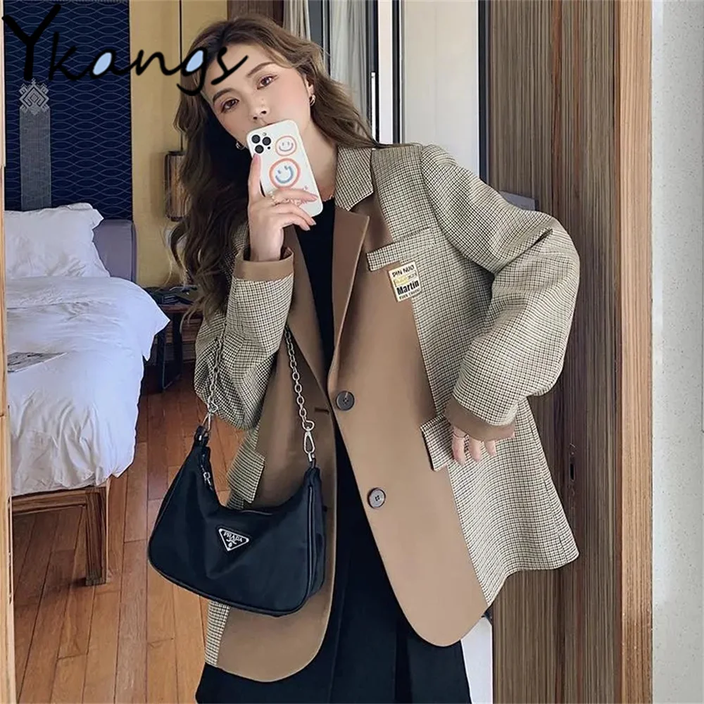 

Plaid Suit Jacket Women British Style Spring Utumn Color Patchwork Design Sense Coat New Chic Niche Casual Loose Blazer Outwear