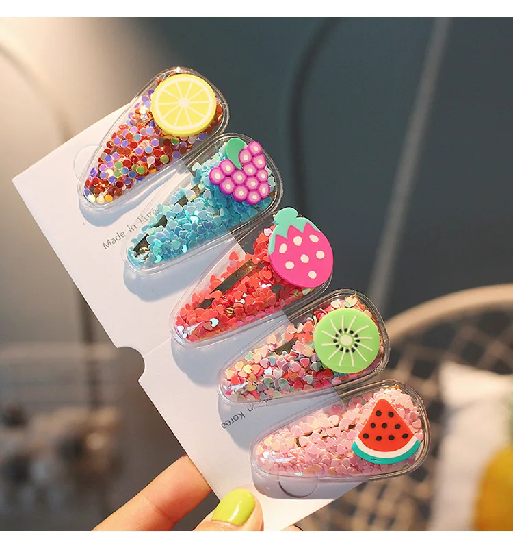 

Korean Style New Baby Color Quicksand Hairpin Transparent Children's Fruit Hair Clip PVC Side Clip BB Side Clip Headdress 5 Pack