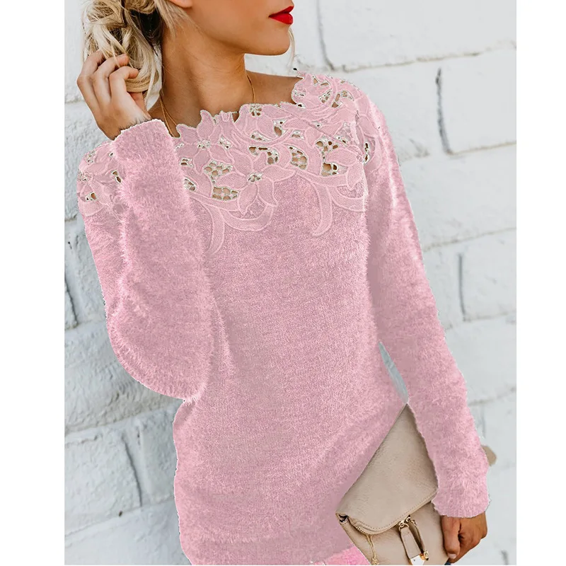 Fashion Lace Cashmere Sueter Mujer 2019 Women Sweater and Pullovers Casual Solid O-Neck Femme Autumn Sweaters Tops Feminino | Женская