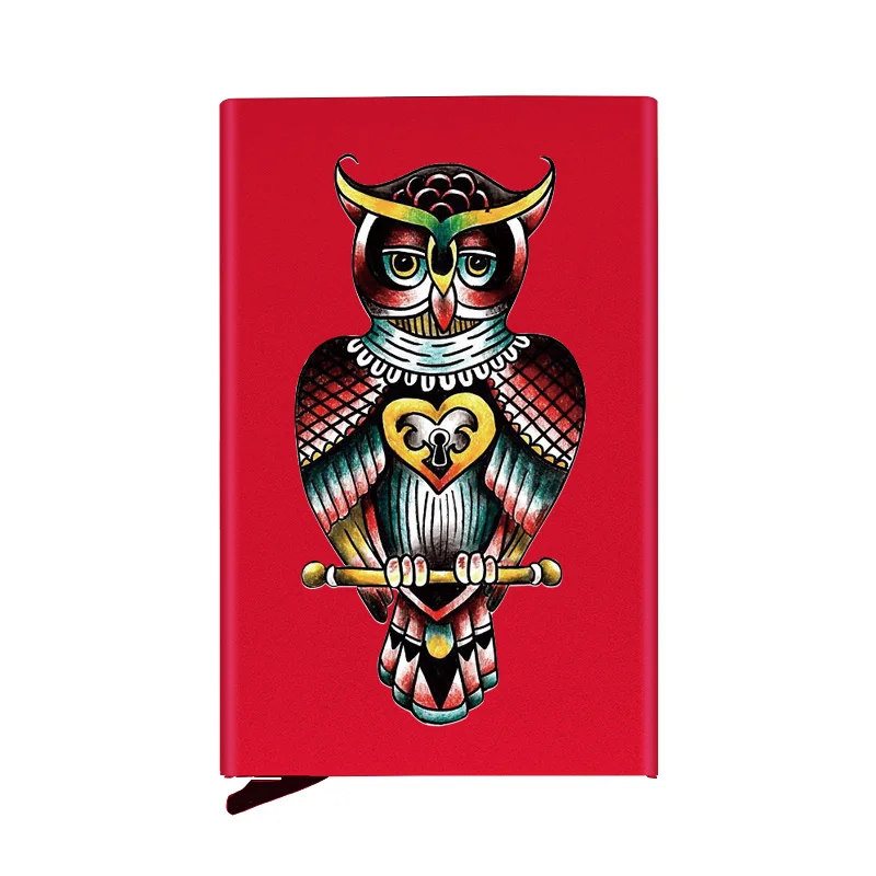 

Personalized Metal Credit Card Holder Creative Charm Owl Design Aluminum Slim Anti Protect Travel ID Case Box Red