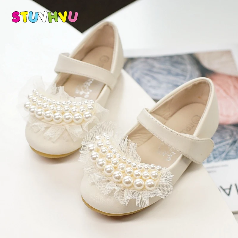 

2021 New Kids Princess Shoes Soft Bottom Comfort Leather Girls Shoes Beaded Lace Pearl Children's Shoes Casual Flats Beige Pink