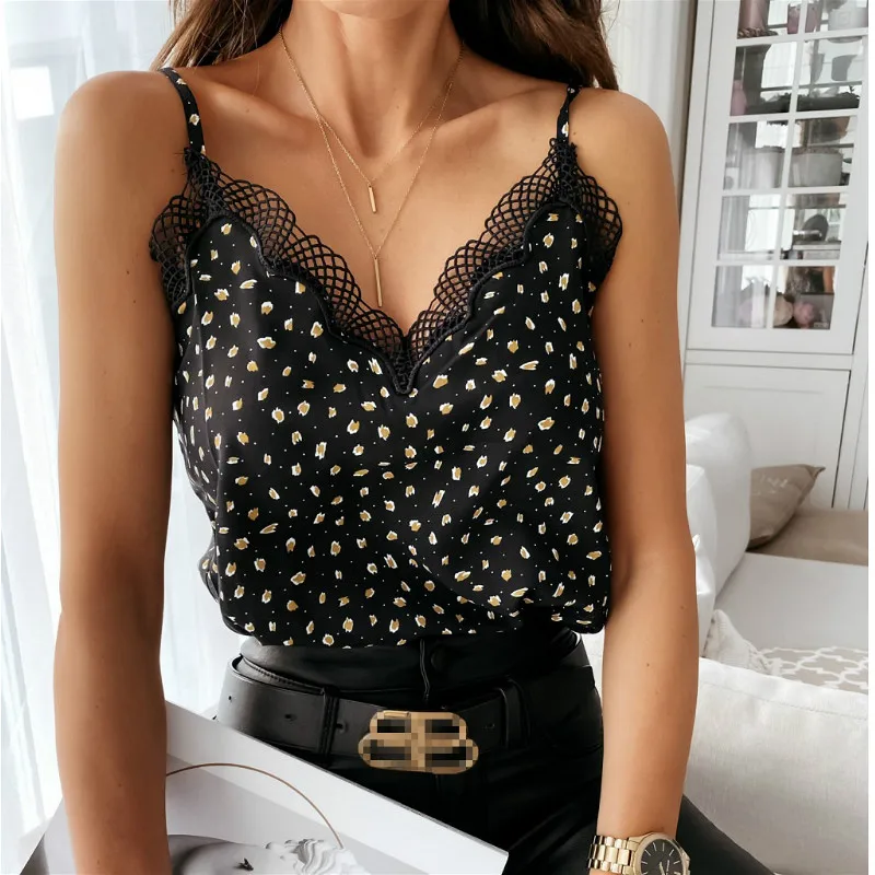 

2021 FashiosexynWomen Lace Splicing V Neck Vest Summer Sleeveless Strappy Tank Tops Printed Slim Sling Tops Office Lady Vest