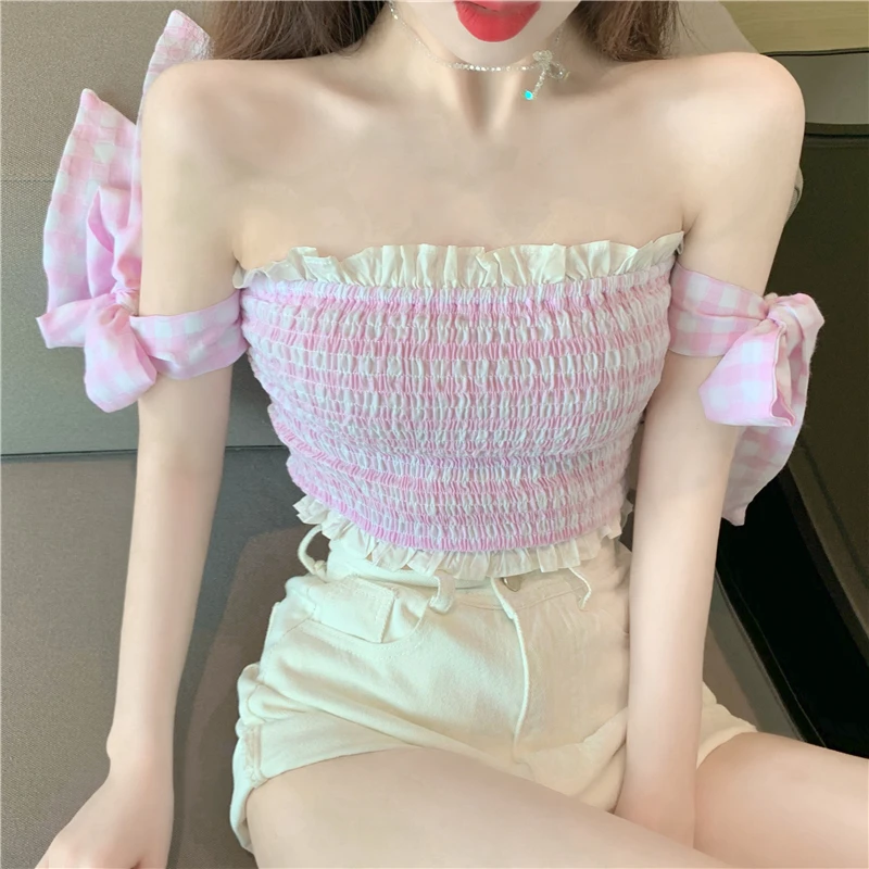 Суперпопулярная облегающая клетчатая рубашка с открытыми плечами и в стиле