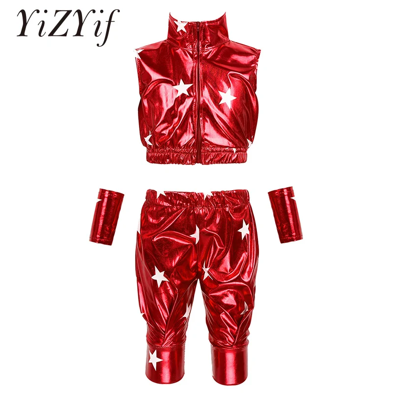 Kids Hip-hop Jazz Costume Modern Dance wear rave Outfit Star Metallic Sleeveless Zipper Crop Top with Pants Wrist Sleeves Set |