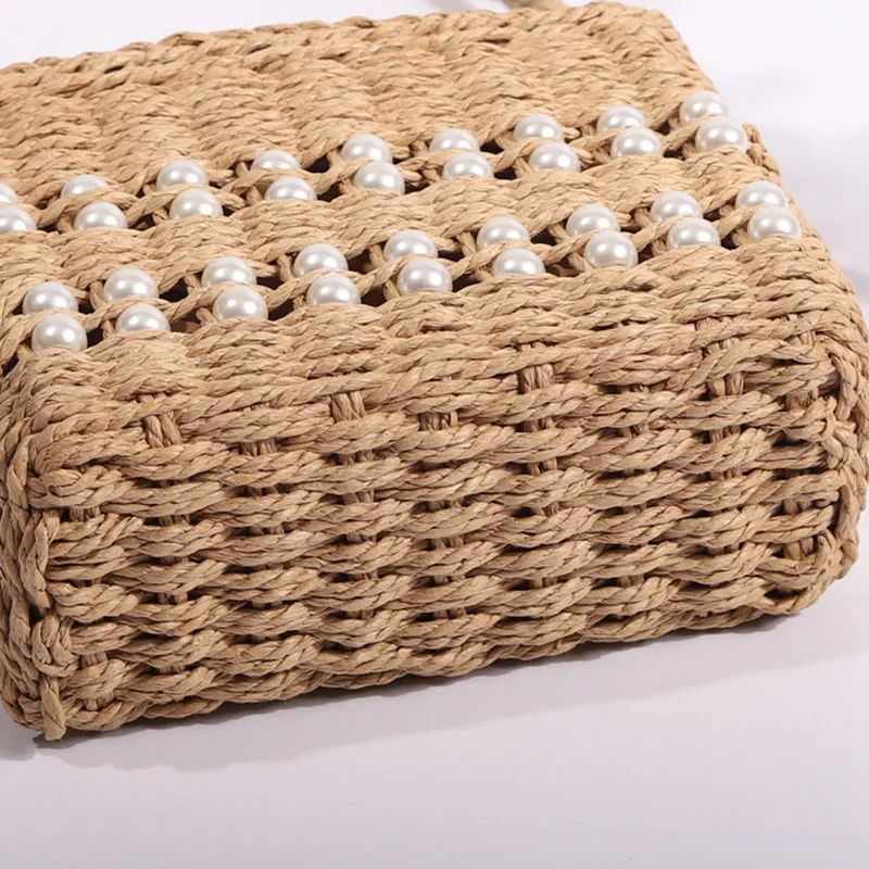 

Straw Bag Female Seaside Vacation Beach Bag Casual Pearl Hollow Hand-Woven Female Bag