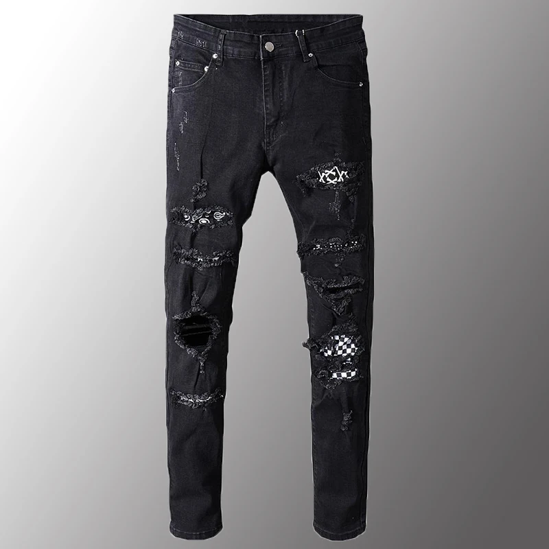 

Man Men's Black White Patch Holes Ripped Jeans Plus Size Slim Fit Skinny Distressed Stretch Denim Pants Fashion Male Jeans