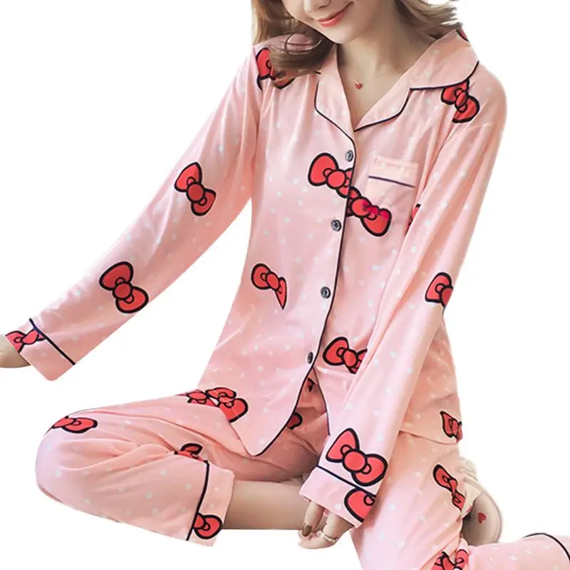 18 Женский пижамный комплект Kawaii С мультяшным принтом, пижама с длинным рукавом, на пуговицах, с круглым вырезом, свободные штаны, домашняя одежда, M-2XL, 19 видов стилей - Цвет: 18