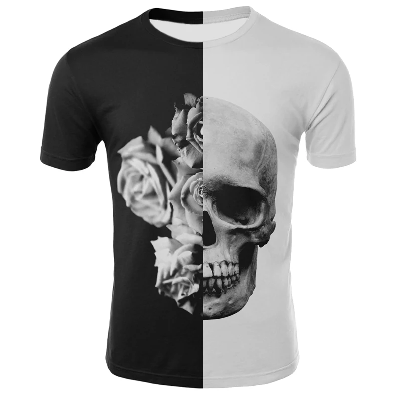 

2021 new men's and women's T-shirt sports style 3d pattern horror black and white sewing skull casual fashion trend men