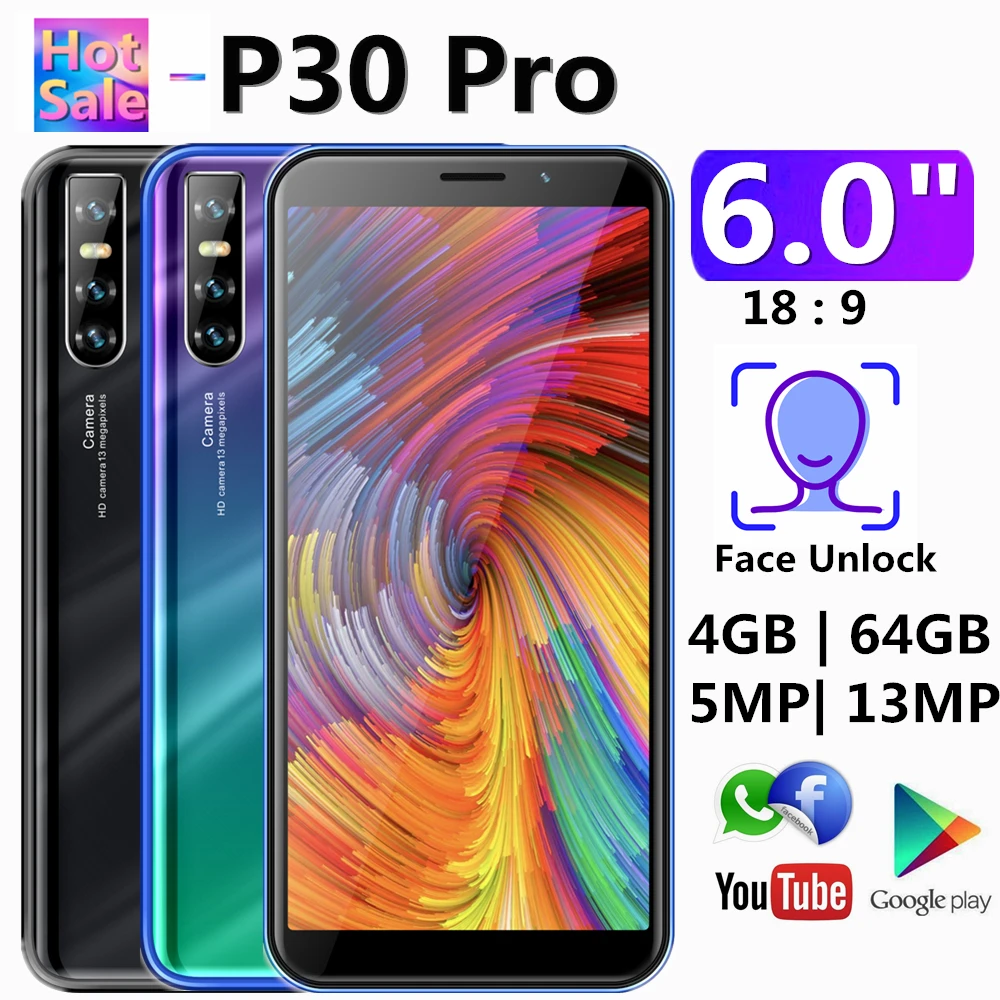 Оригинальные Сотовые телефоны P30 Pro, мобильные телефоны, 4 Гб ОЗУ, 64 Гб ПЗУ, 6,0 дюймов, 18:9 экран, 13 МП, Android, разблокированные телефоны, смартфоны