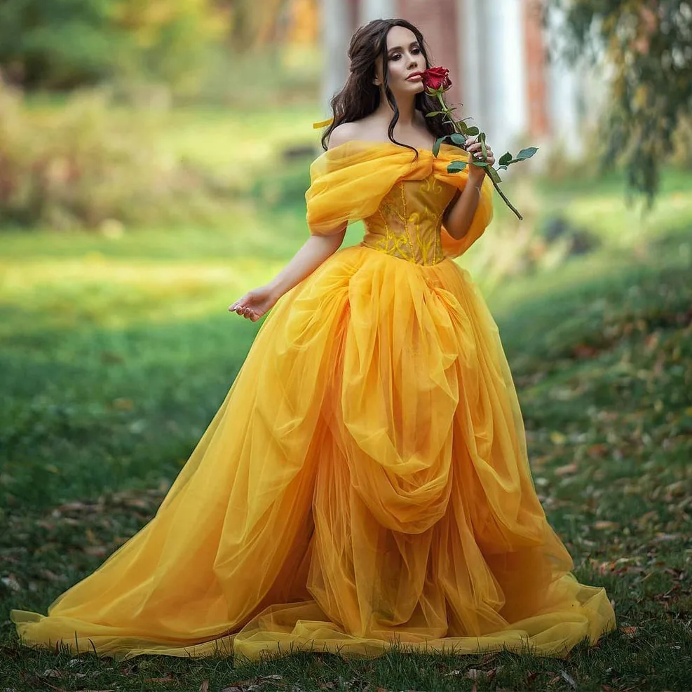 

Vibrant Bright Yellow Prom Dress Off-The-Shoulder Ruffles Sleeves Floor Length Layered Puffy Tulle Print Pageant Gown Plus Size