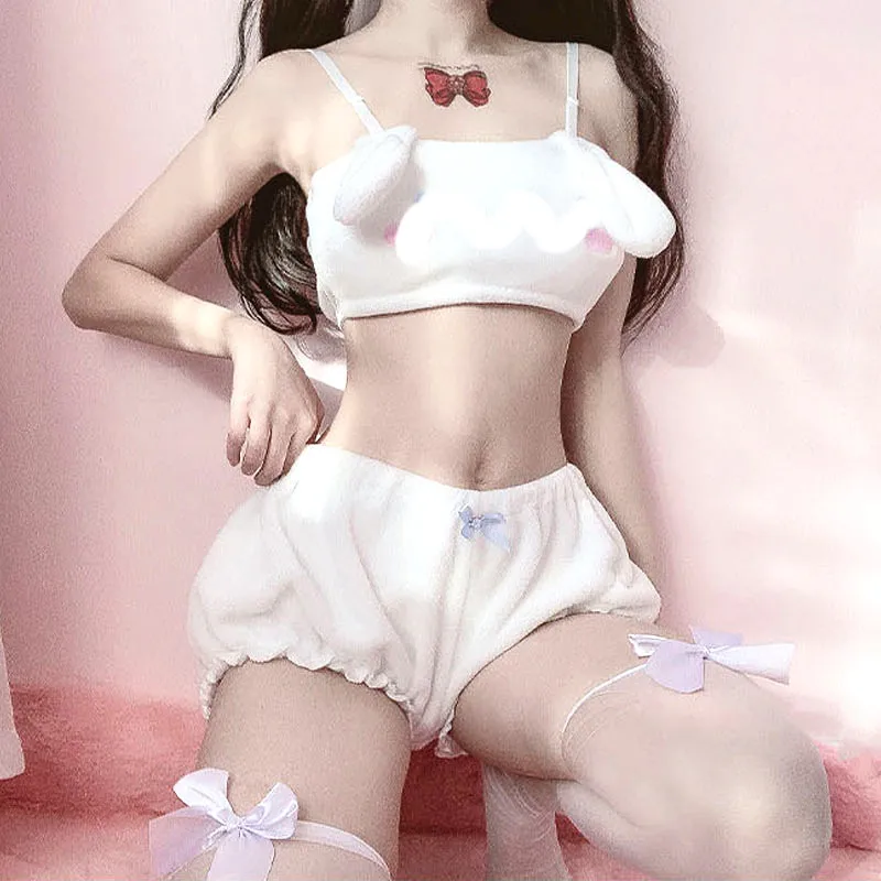 

Anime Melodi Kwaii Velvet Tube Top Pants Set Adorable Underwear Long Ear Doggy Cute Bra Bloomers Sexy Lingerie For Girls Women