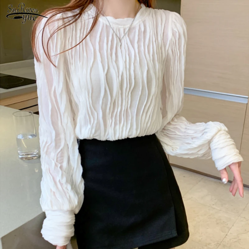 

Chic O-neck Long Sleeve Top White Shirt Autumn Pleated All-match Blouse Lady Clothes Korean Fashion Casual Blusas De Mujer 17204