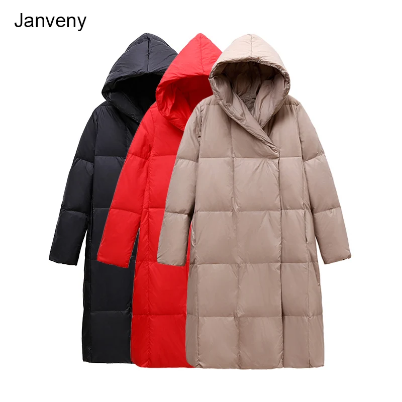 Janveny Long Down Jacket Women Winter Fishion Puffer Fluffy 90% White Duck Down Coat Hooded Female Feather Parkas Snow Outerwear
