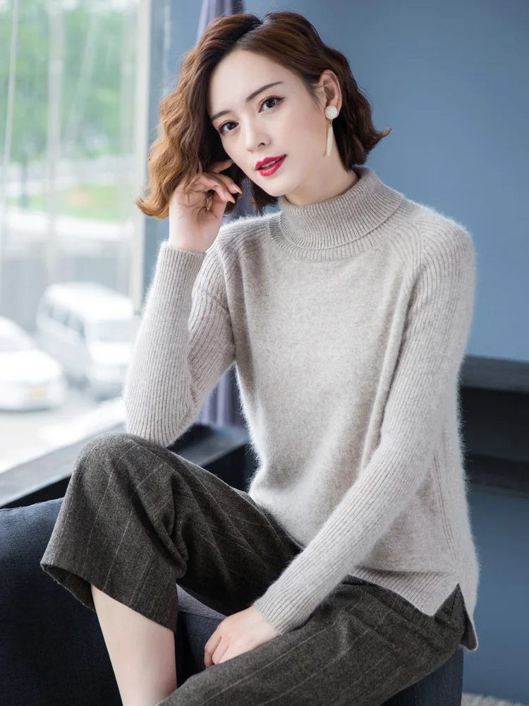 Turtleneck sweater women 2020 autumn winter new casual knitted bottoming shirt women's solid color 100% mink cashmer sweater top