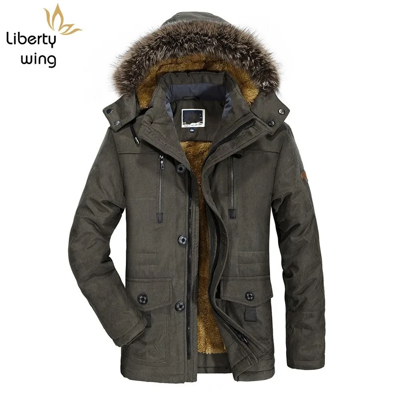 Winter Mens Warm Lining Parka Fur Collar Hoody Mid Long Jacket Plus Size 7XL Windbreaker Overcoat Safari Style Man Parkas