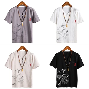 Традиционная китайская одежда для мужчин в японском стиле с рисунком лотоса и рыбы, Однотонная рубашка с V-образным вырезом в стиле Тан, костюм в стиле ретро