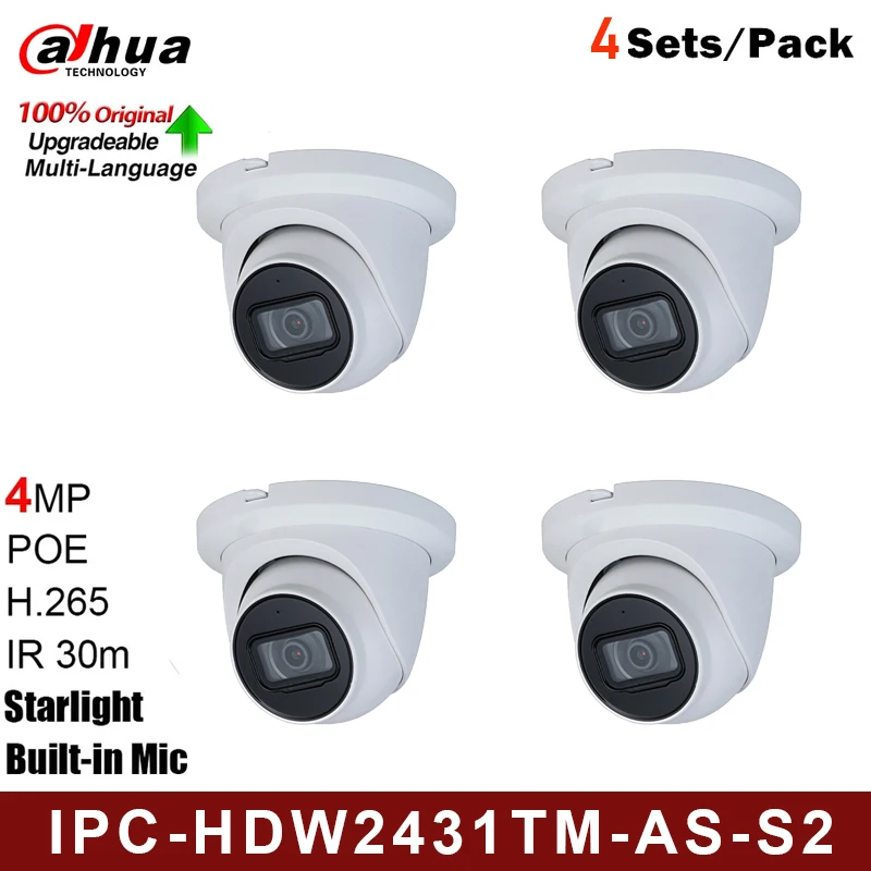 

Original DH 4Pcs HDW2431TM-AS 4MP HD POE Built in MiC SD Card Slot H.265 IP67 30M IR Starlight IVS Upgradeable Dome IP Camera