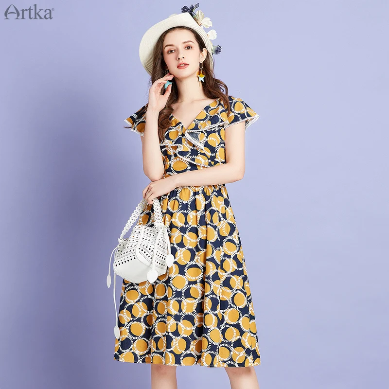 ARTKA 2020 Summer New Women Dress Fashion Vintage Print Chiffon Dresses Elegant Ruffles V-Neck Short Sleeve Dress LA25106X