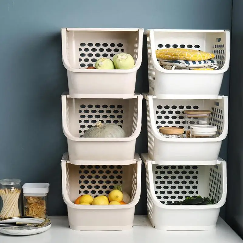 

Apricot Plastic Storage Basket Upward Stackable Organize Vegetables Container Superimposed Desktop Clothes Box