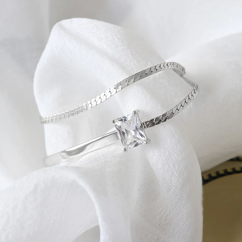 

ElfoPlataSi 2019 Genuine 925 Sterling Silver Double Layer Square CZ Bracelet For Women Wife Girls Fine Silver Jewelry DS2293