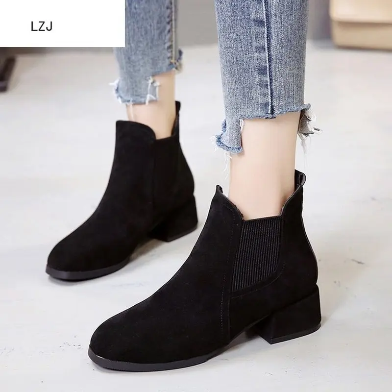 

LZJ Fur Women Ankle Martin Boots British Style Rough Ladies Chelsea Boots Spring and Autumn High Quality Women Winter Boots