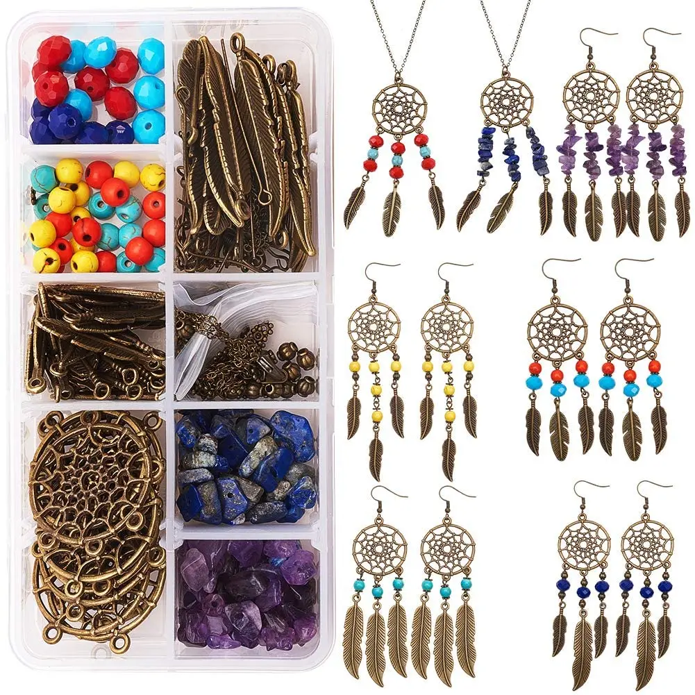 

1Box 7 Set Bohemian Feather Dream Catcher Earring Jewelry Making Starter Kit Dreamcatcher Feather Charm Connector Gemstone Beads
