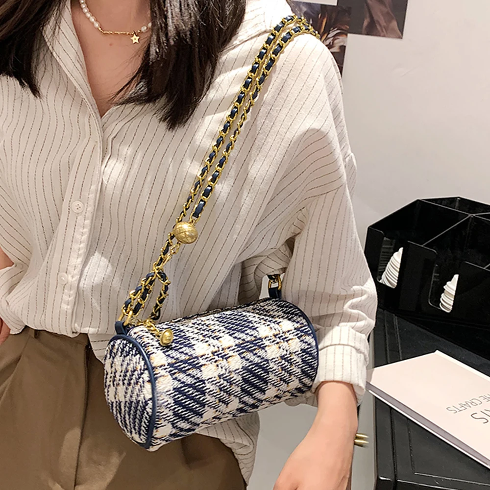 

Barrel Shaped Women's Crossbody Bags Fashion Plaid Pattern Female Shoulder Bags 2021 Summer Trendy Chain Design Handbags Purses