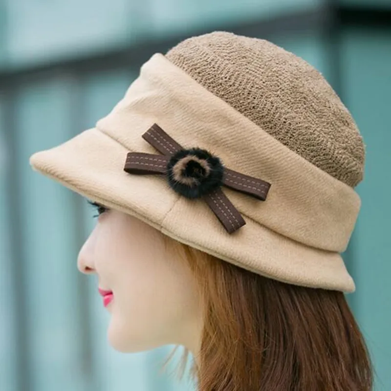 H7711 Women Warm Bucket Hat Autumn Winter Korean Fashion Fisherman Basin Cap Lady Outdoor Shopping Bowknot Casual Knitting Hats