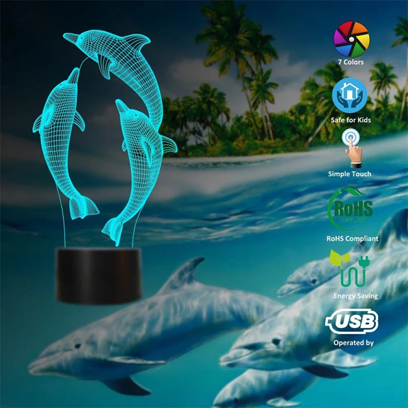 Фигурка 3D RGB лампы в форме дельфинов Подарочный ночник светодиодный 7 цветов ночник