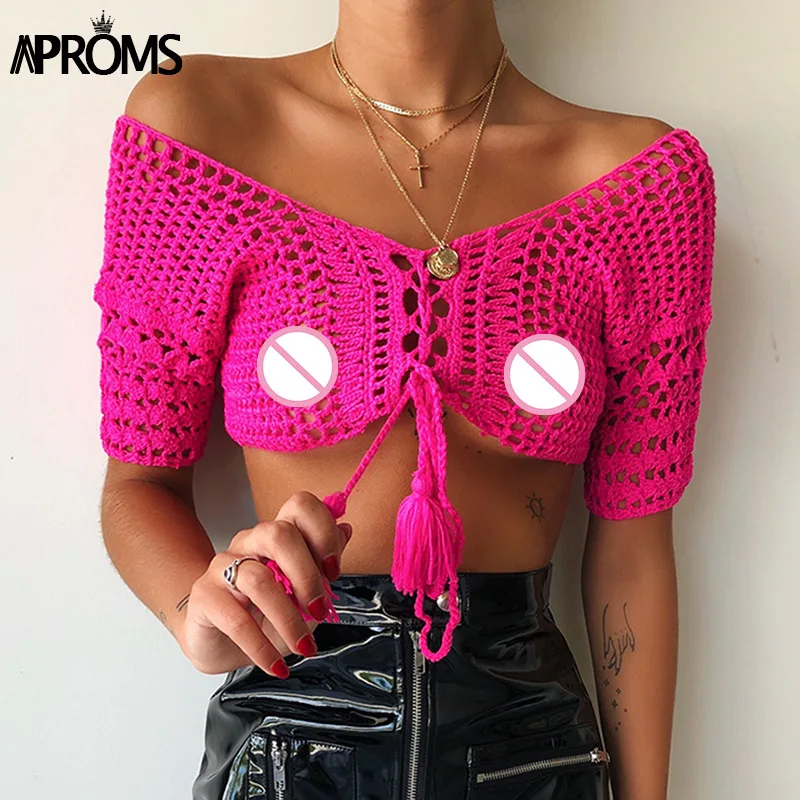 Aproms, сексуальные вязаные топы на шнуровке, вязаные крючком, женская летняя пляжная одежда, бикини, укороченный топ, повседневная Открытая Майка, женские футболки