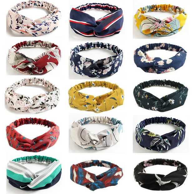 

Chiffon Floral Striped Print Cross Knotted Headband Bohemian Style Hairband Turban Head Wrap Elastic Hair Band Hair Accessories