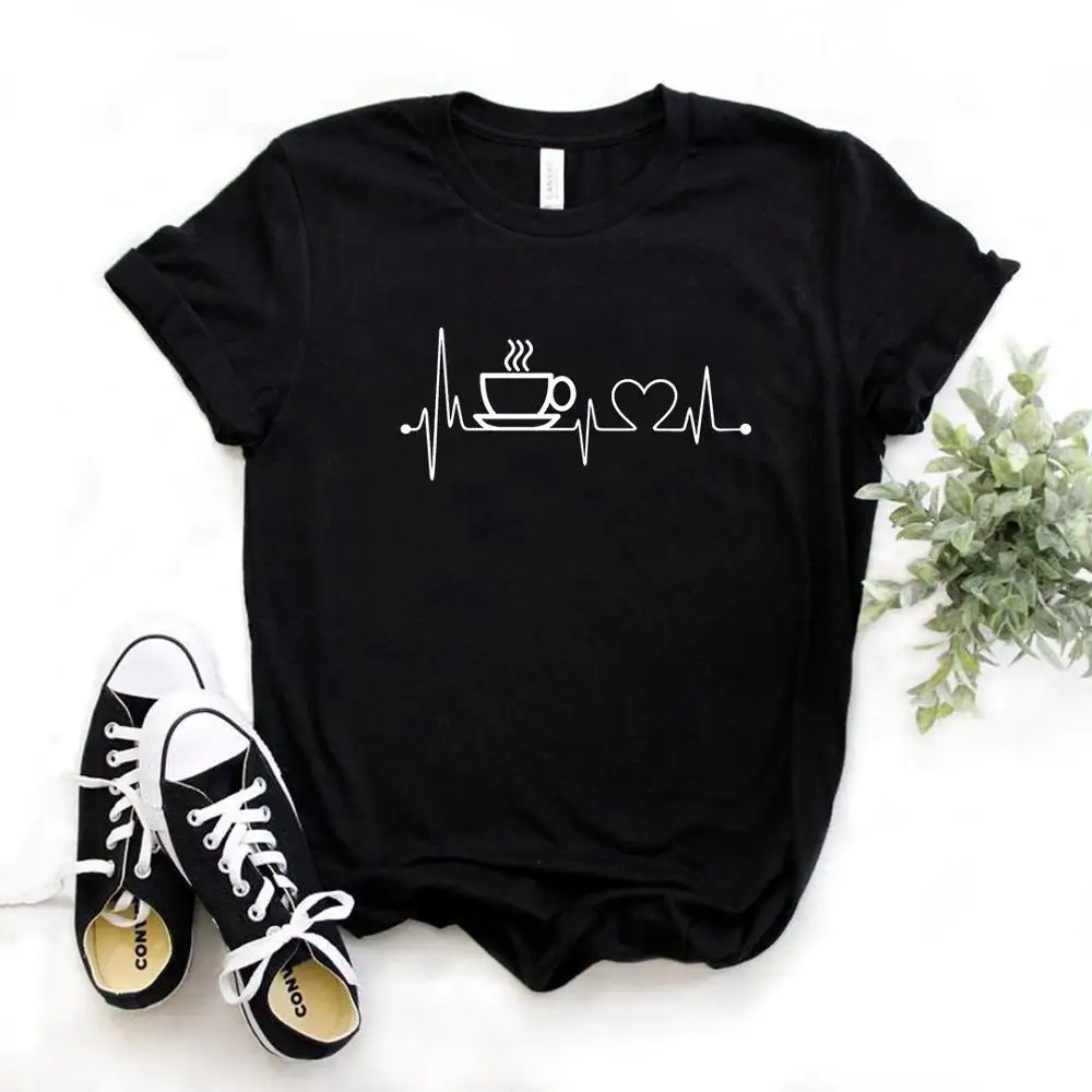 

Women T Shirt Coffee Heartbeat Print Tshirt Women Short Sleeve O Neck Loose T-shirt Ladies Summer Causal Tee Shirt Clothes Tops
